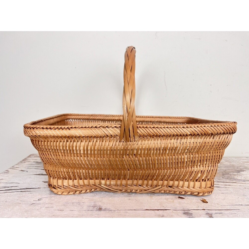 Antique Asian Split Bamboo Handmade Woven Gathering Basket With Handle 12”Decor
